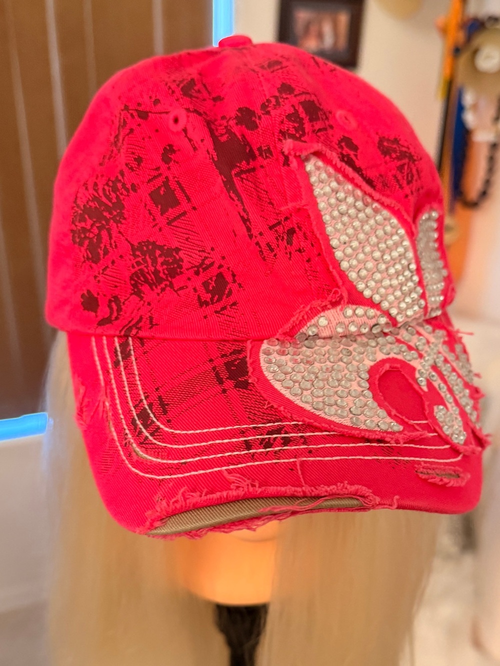 Pink Rhinestone Distressed Fleur-de-Lis Baseball Cap - Picture 4 of 4
